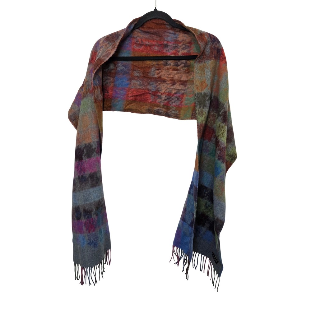 Fraas Cashmink Scarf Womens OS Multicolor Plaid Acrylic Fringe Made in Germany